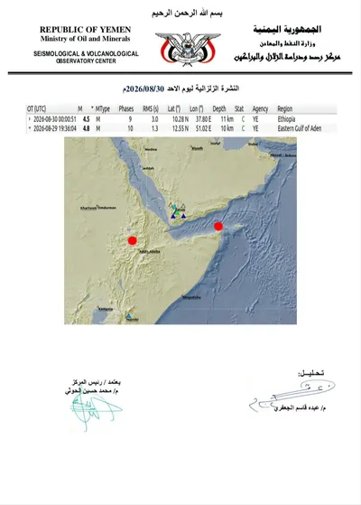 اخبار اليمن الان تسجيل هزة أرضية متوسطة خليج اخبار اليمن الان الحدث اليوم عاجل