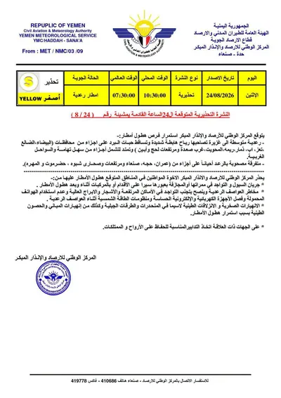 اخبار اليمن الان تحذير أمطار رعدية متفاوتة محافظات اخبار اليمن الان الحدث اليوم عاجل