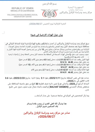 اخبار اليمن الان مركز الزلازل بخصوص النشاط الزلزتلي اخبار اليمن الان الحدث اليوم عاجل