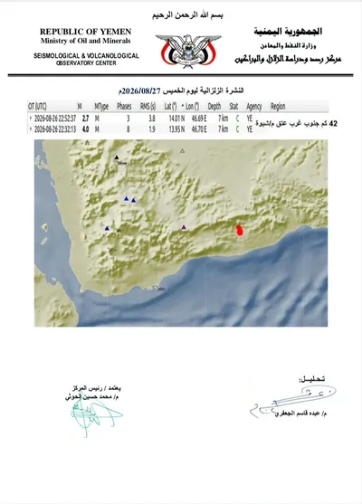 اخبار اليمن الان تسجيل أرضية محسوسة وأخرى محافظة اخبار اليمن الان الحدث اليوم عاجل